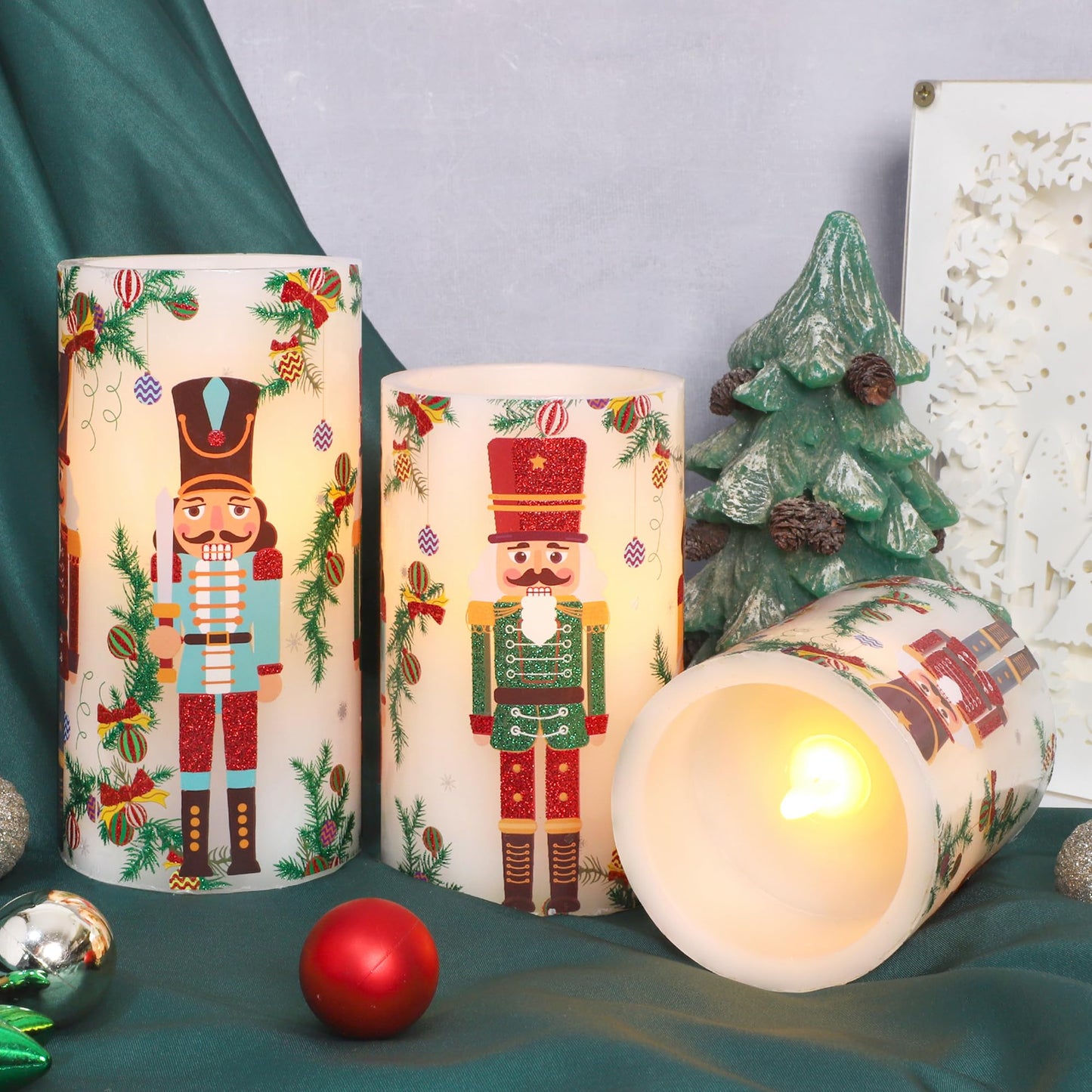 Crystal Club Christmas Flameless Candles Battery Operated, Holiday Nutcracker LED Candles with Remote, Realistic Pillar Candles for Xmas Tree, Mantel