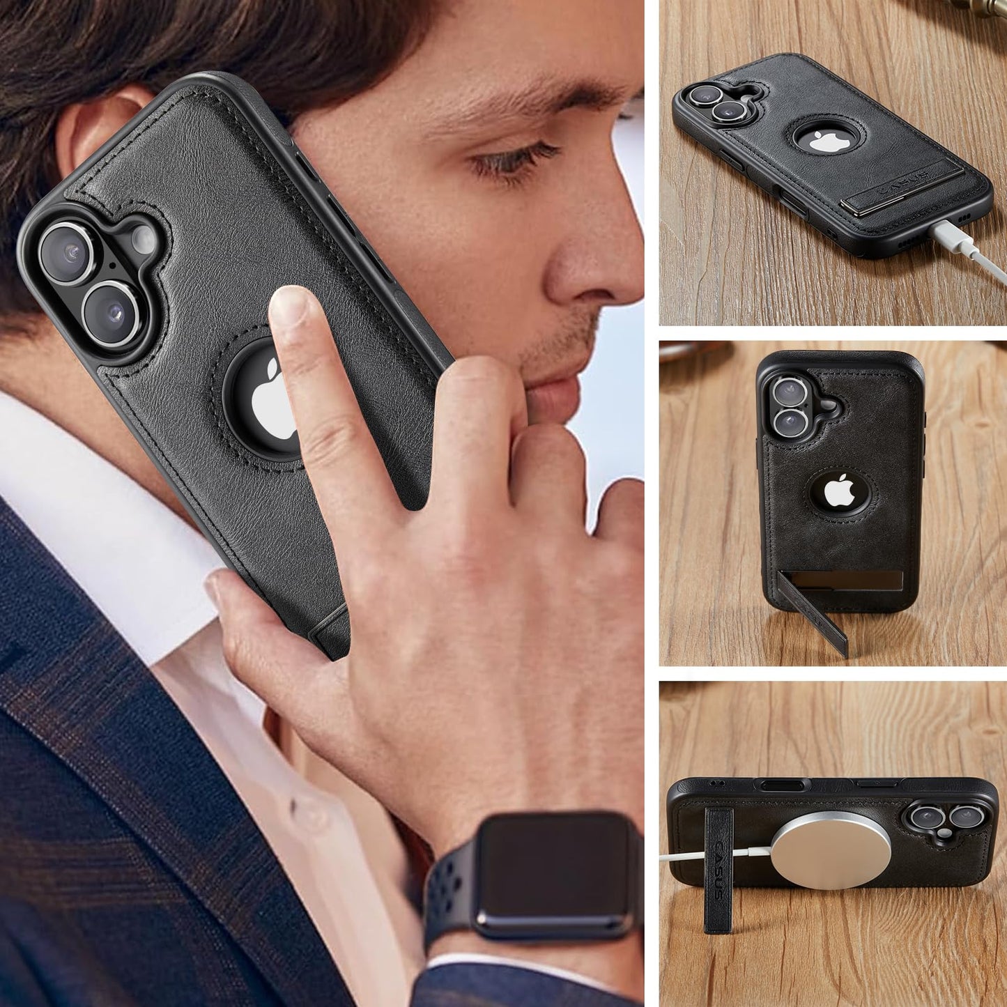 Casus Designed for iPhone 15 pro max Case Compatible with Kickstand Vegan Leather Slim Classic Luxury Elegant Thin Protective Cover with Tempered