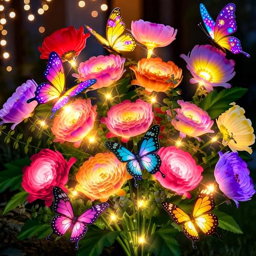 Solar Flowers Lights Outdoor Waterproof: 3 Pack LED Solar Lights Decorative for Outside Garden Decor with Butterfly Auto-On/Off for Yard Landscape