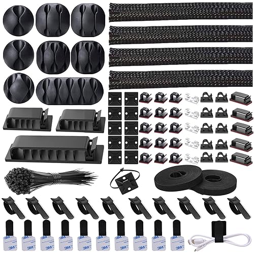 N NOROCME 192 PCS Cable Management Kit 4 Wire Organizer Sleeve,11 Cable Holder,35Cord Clips 10+2 Roll Cable Organizer Straps and 100 Fastening Cable