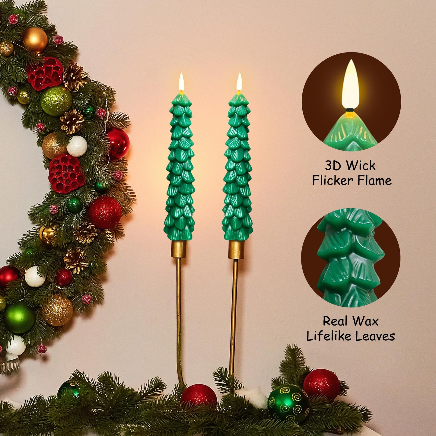 Tecobo 9.5Inches Real Wax Flameless Christmas Tree Taper Candles with Remote Timer, 2Pcs Battery Operated Taper Candles with 3D Wick Warm White