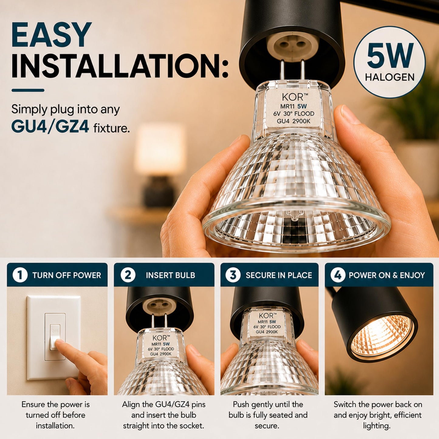 KOR MR11 5W 6V Halogen Reflector Light Bulbs, GU4 Bi-Pin, 2-Pack