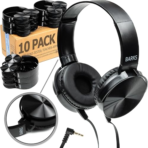 Barks Classroom Headphones Bulk 10 Pack (Select Black, On-Ear, Wired 3.5mm)