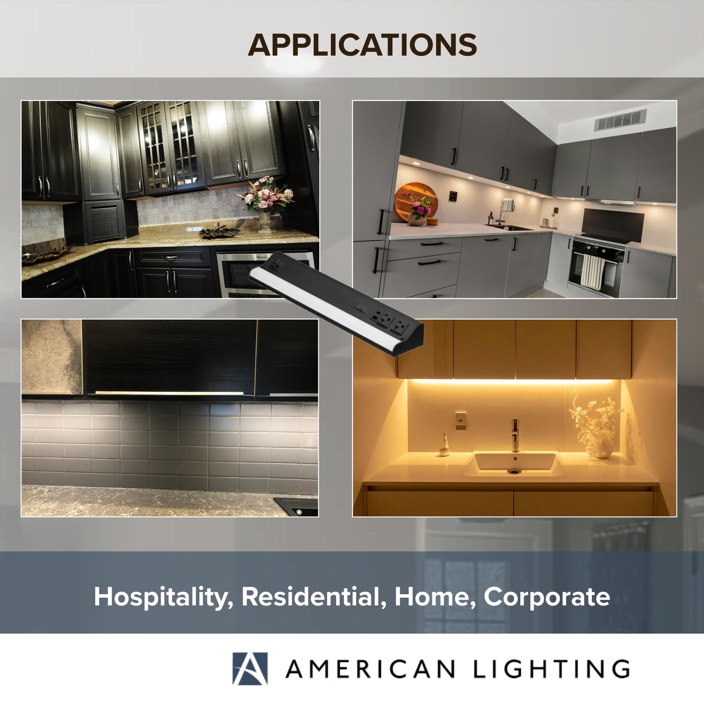 American Lighting LED Courant Plus Undercabinet Light 18 Inch 5CCT Color Selectable 90+ CRI 1000 Lumens with USB-A USB-C and 20A Receptacles Black