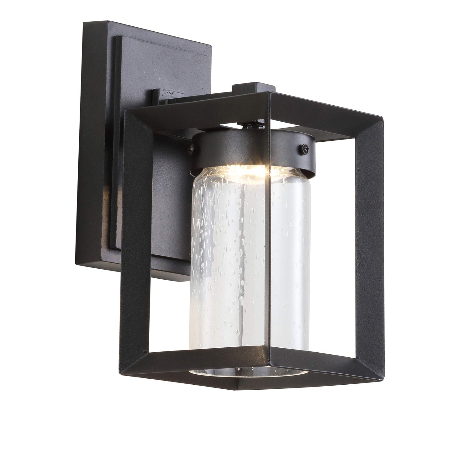 JONATHAN Y 9.75" Black 1-Light Iron and Seeded Glass Outdoor Wall Sconce, Modern Cube Design for Entryway Porch or Patio, Farmhouse Industrial, ETL