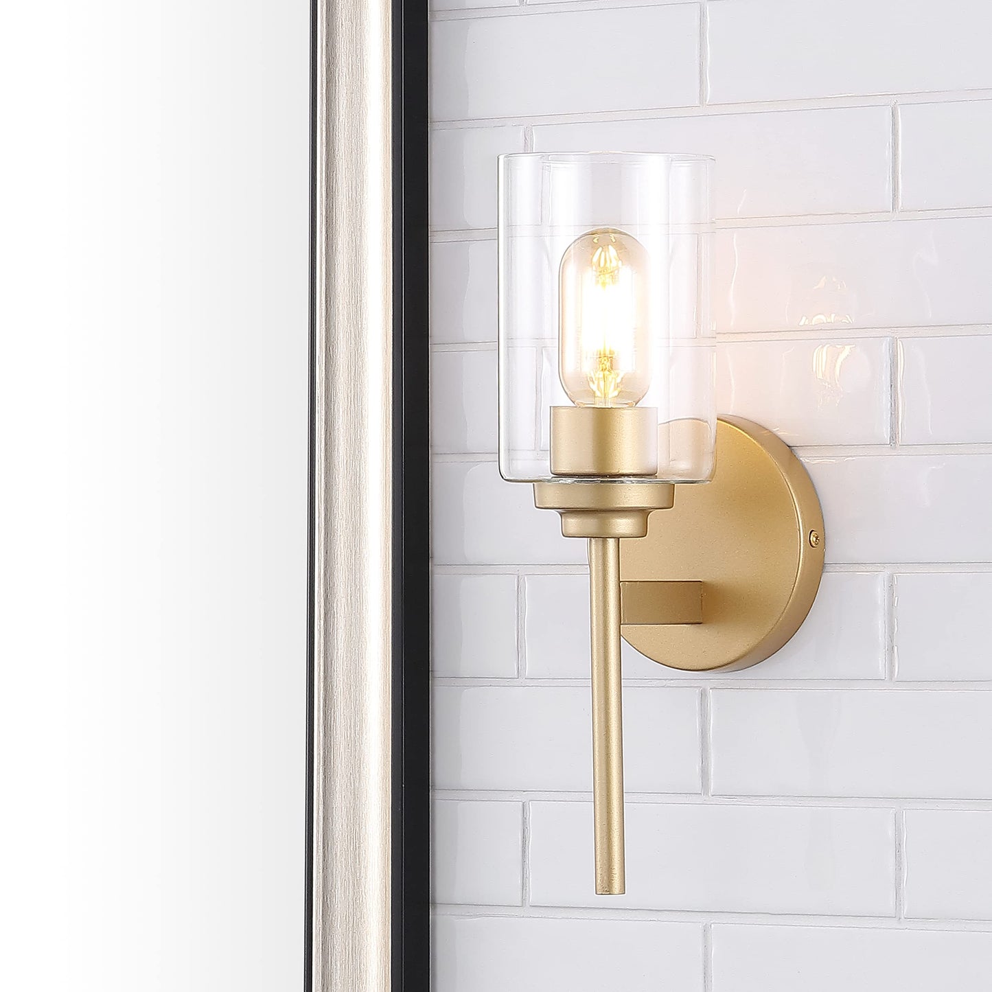 JONATHAN Y 13" Brass Gold/Clear Industrial Farmhouse LED Wall Sconce, with Clear Glass Cylinder Shade, 1-Light Iron Vanity Light for Bathroom Mirror