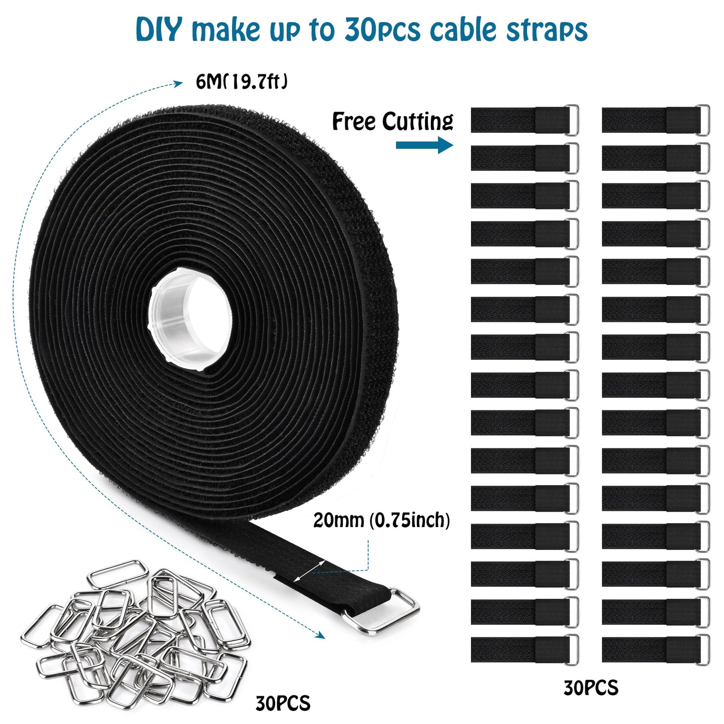 Nettbe 0.75"x19.7ft Hook and Loop Straps with 30 Buckles Adjustable Cut-to-Length Cable Ties - Reusable Nylon Fastening Tape Cable Straps for Storage