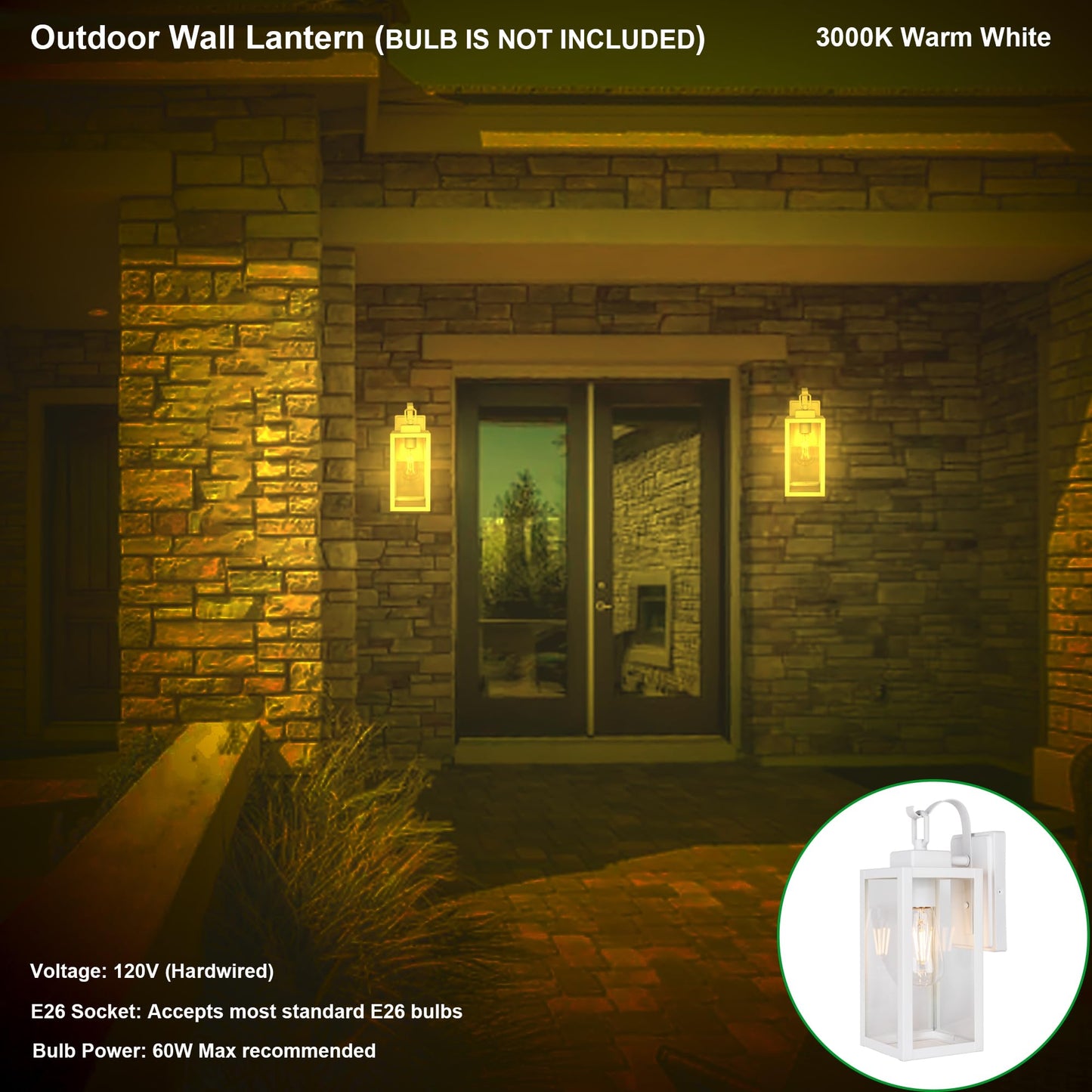 GRUENLICH Outdoor Wall Lantern, Wall Sconce for Porch Lighting Fixture, E26 Base Max 60W, Metal Housing Plus Glass, White Finish, Bulb Not Included