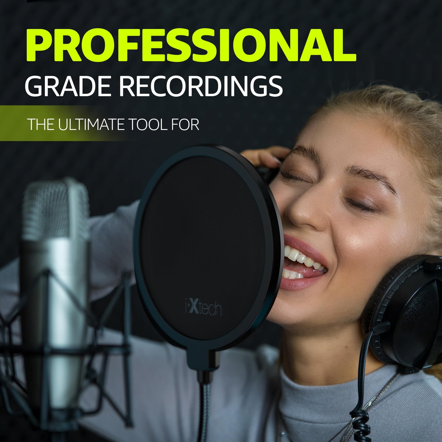 IXTECH Pop Filter for Mic Microphone, Blue Yeti Mic Pop Filter Dual Layered Wind Pop Screen with a Flexible 360 Degree Gooseneck Clip Stabilizing.