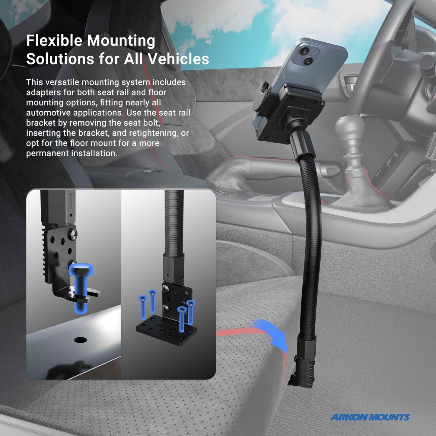 Arkon Mount Car or Truck Seat Rail/Floor Phone Mount | Universal Compatible | Flexible Gooseneck | Easy Installation | Truck Phone Mount | Phone
