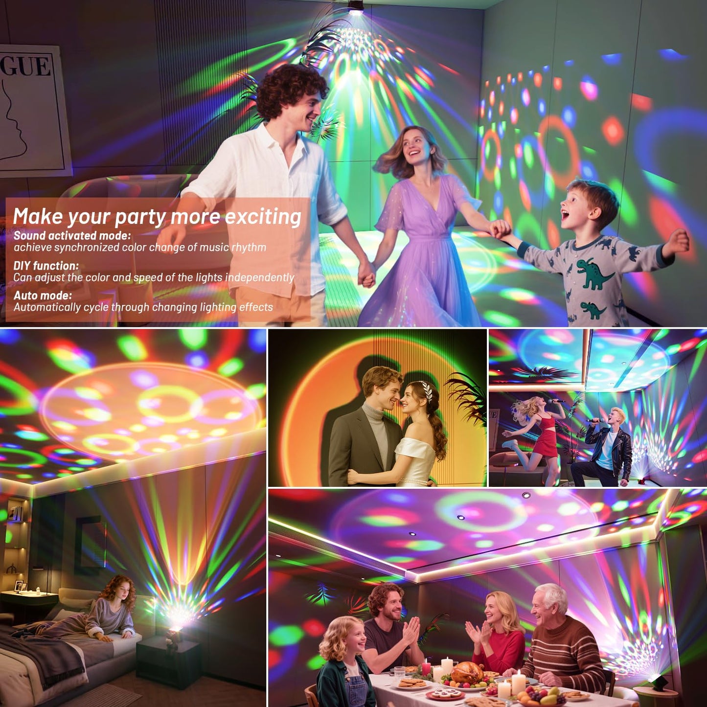 Disco Ball Light Party Lights, Sunset Lamp Dj Disco Light with 6 Working Modes 5 DIY Button Strobe Light Stage Lights Remote Control Disco Ball Lamps