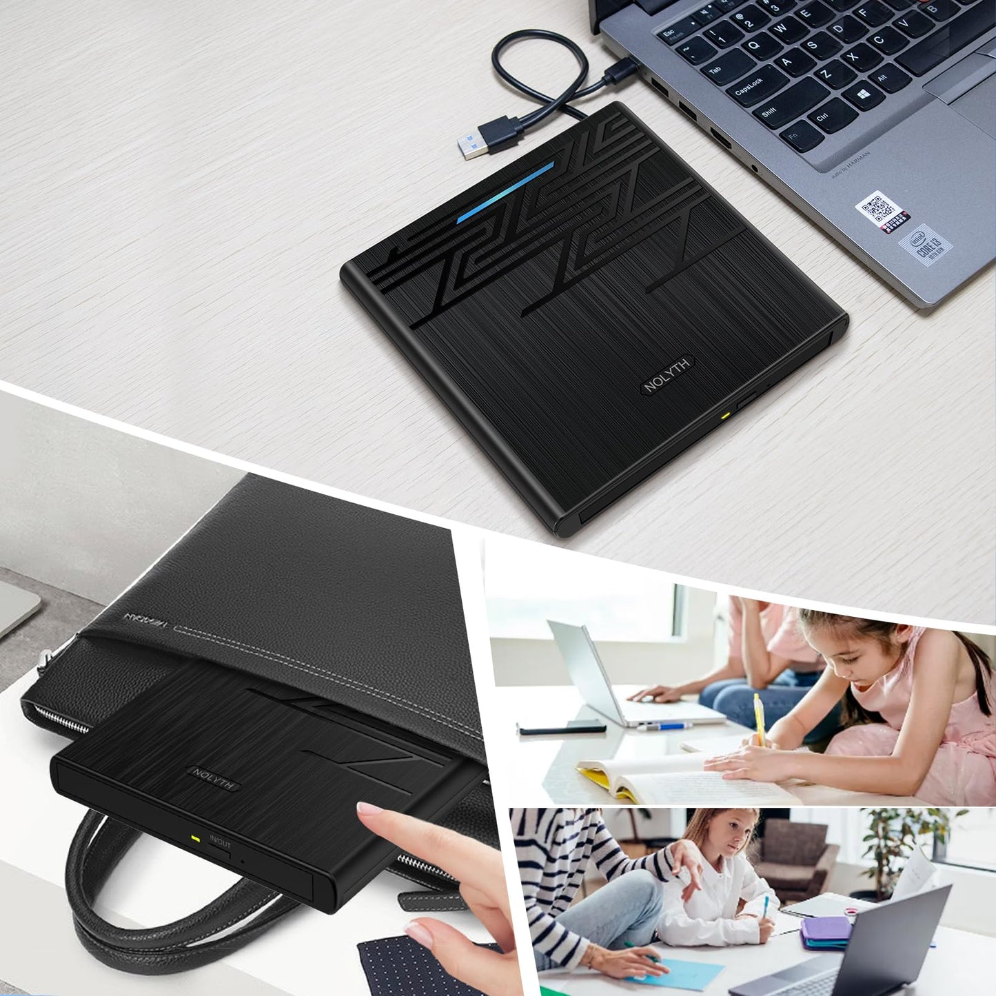 NOLYTH External DVD Drive for Mac, USB CD ROM Burner External Drive for Laptop with 3.5mm Audio SD TF Slot, Portable Optical Disk Drive DVD Player