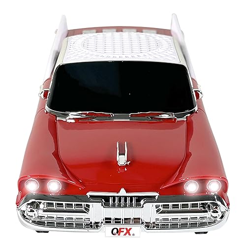 QFX Bluetooth 1959 Retro Classic Car Speaker, Dual 2-inch Speakers, Hands-Free Link, Built-in Microphone, FM Radio, and LED Party Lights, Red