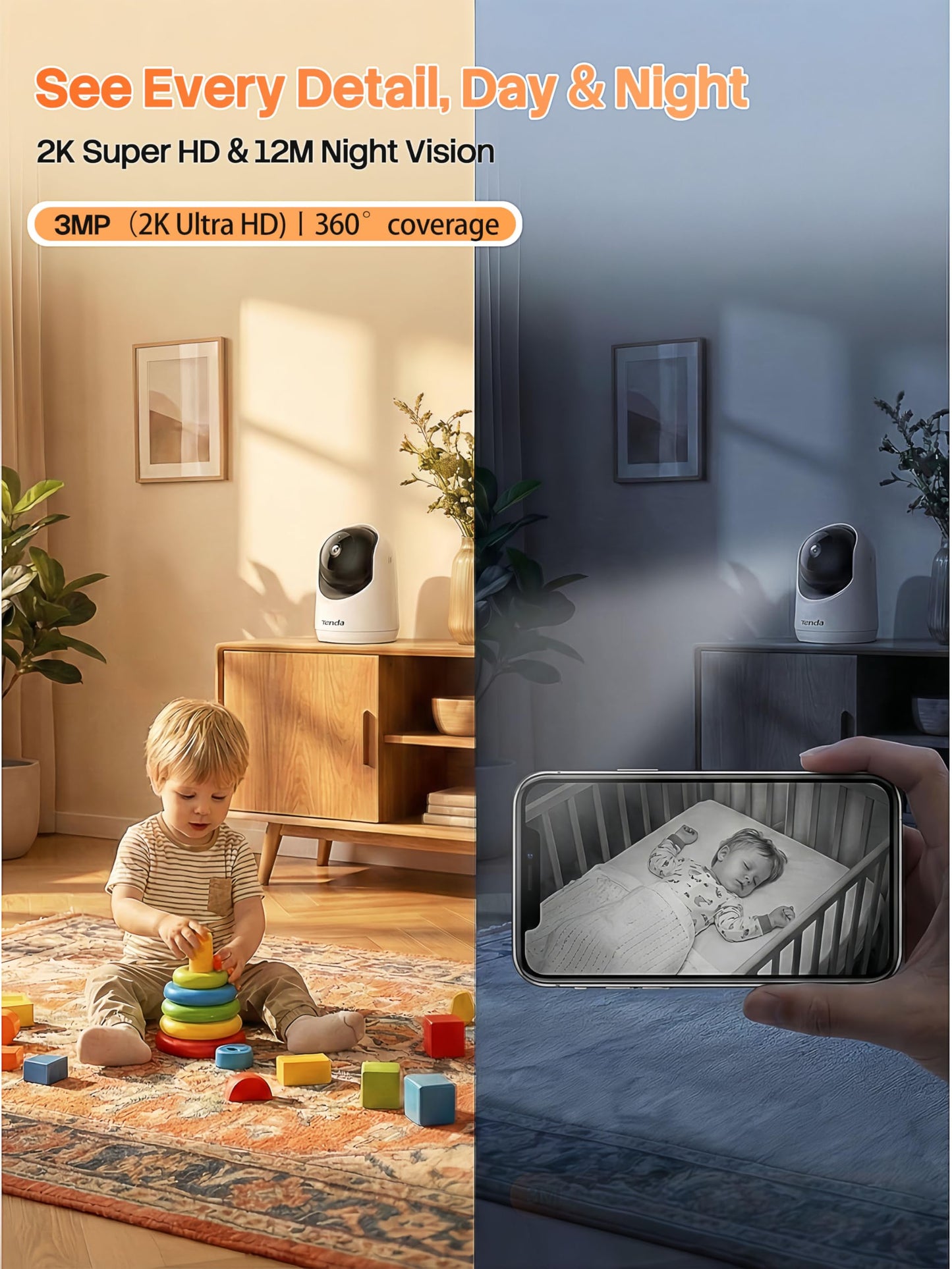Tenda 2K Indoor Security Camera for Baby Monitor, WiFi 6 Pet/Dog Camera for Home Security, 360° Pan/Tilt, 2-Way Audio, Motion Detection, Night Vision