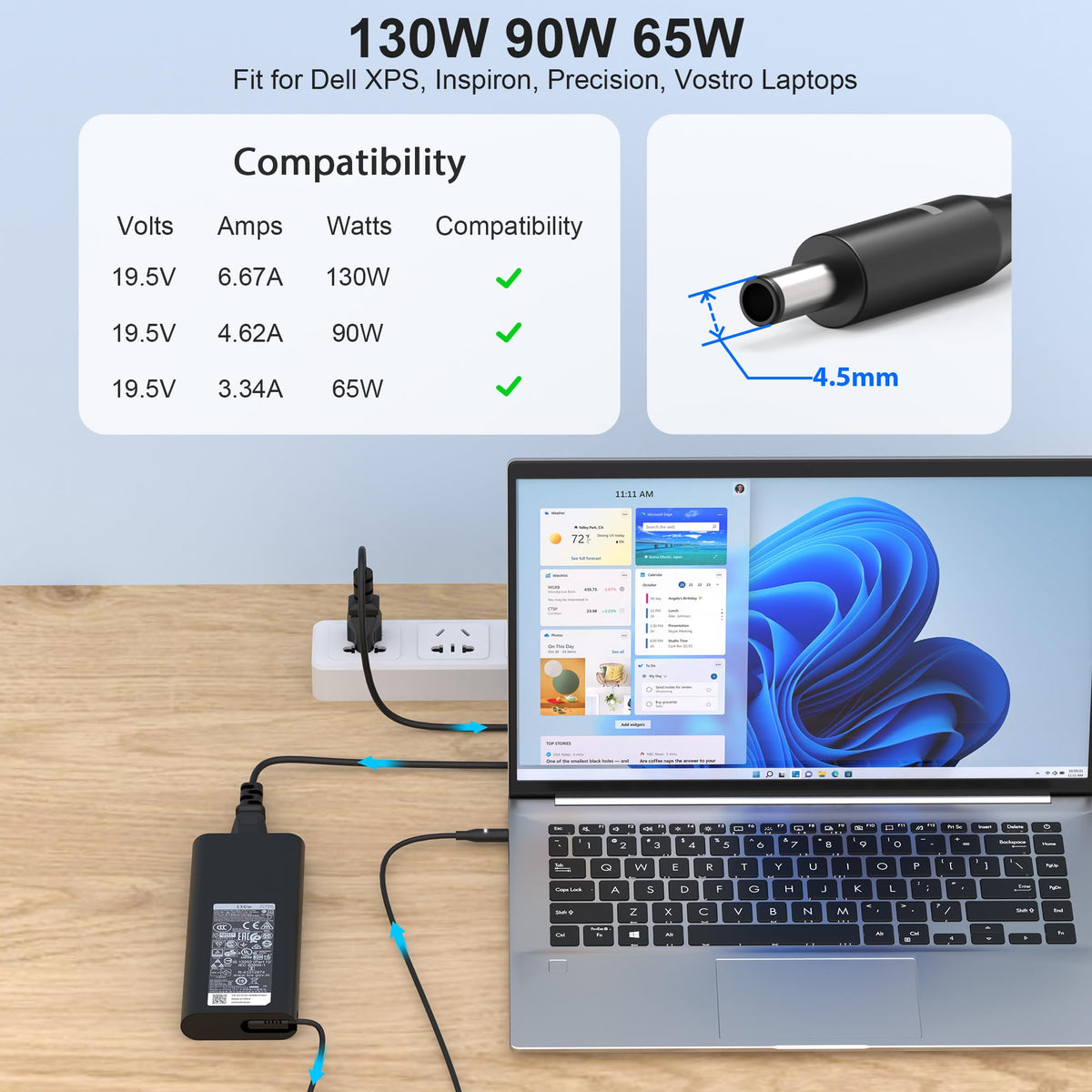 New 130W 4.5mm AC Adapter Laptop Charger Replacement for Dell XPS 15 7590 9530 9550 9560 9570 Precision 5510 5520 5530 5540 M2800 M3800 P/N HA130PM130