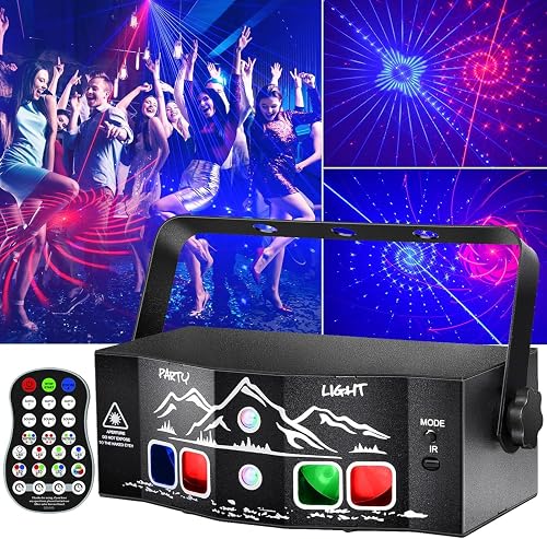 4-Lens Party Lights with Unique Blue Patterns - RGBW LED Background Strobe Light, Sound Activated DJ Stage Projector with Remote, USB Powered Rave