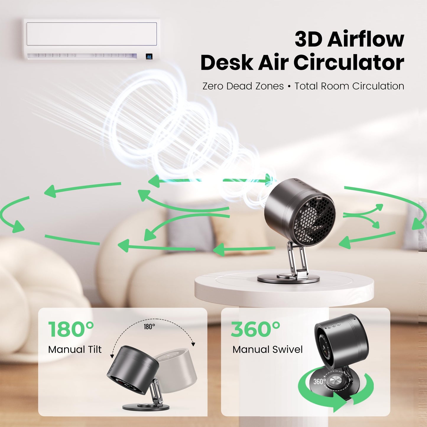 Yibest Titanium Alloy USB Desk Fan, Foldable 3D Airflow Desk Air Circulator, 23dB Quiet BLDC Motor, 5000mAh Battery (8H Runtime), 10 Speeds with LED
