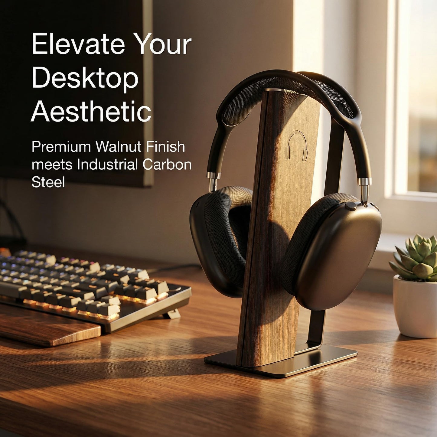 Gunking Premium Headphone Stand for Desk- Walnut Finish - Anti-Slip Carbon Steel Base for Gaming & Studio Headsets
