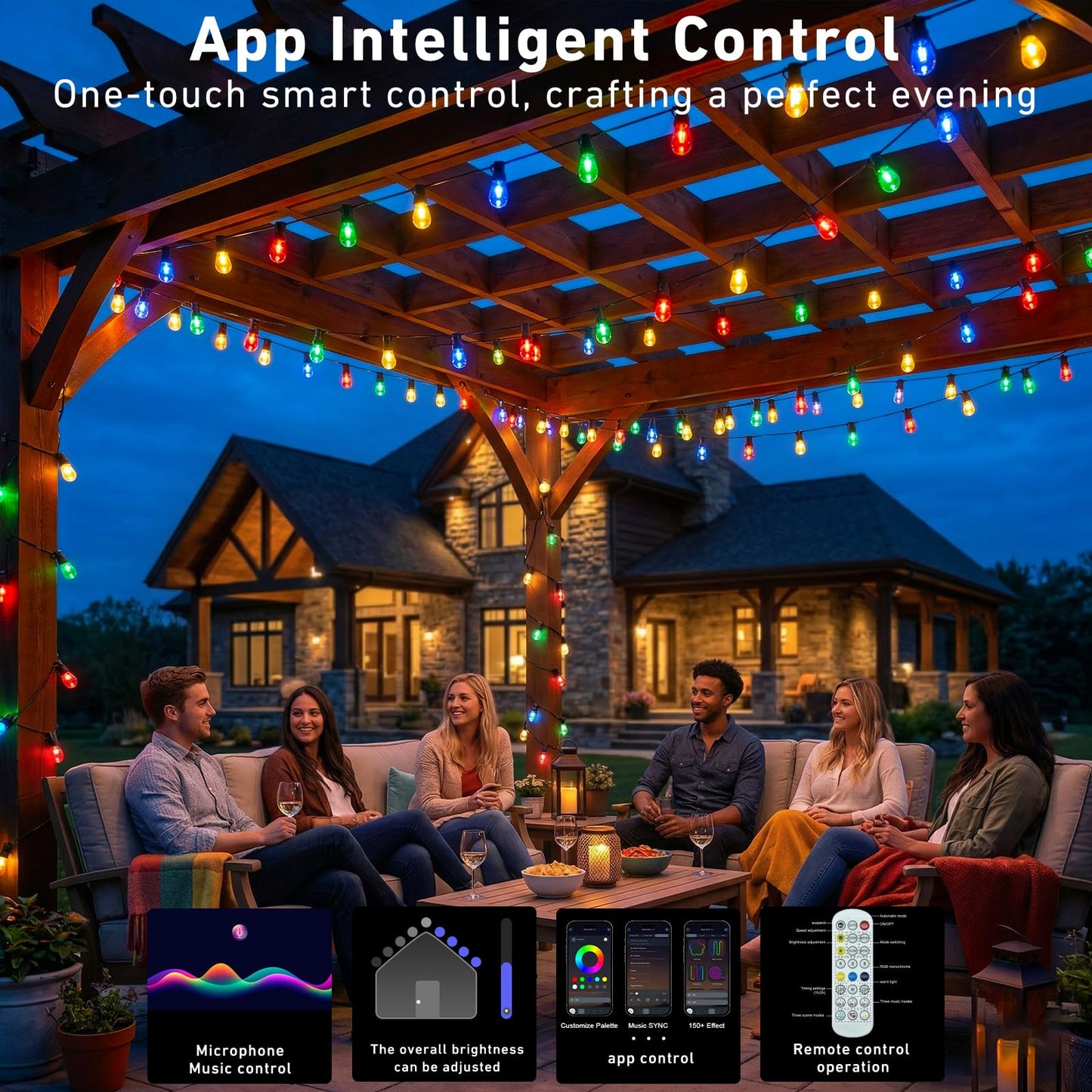 Outdoor String Lights,200FT Smart RGB+IC Patio Lights with Shatterproof LED Bulbs ,Outside Light Dimmable Patio for Decor DIY IP67 Waterproof