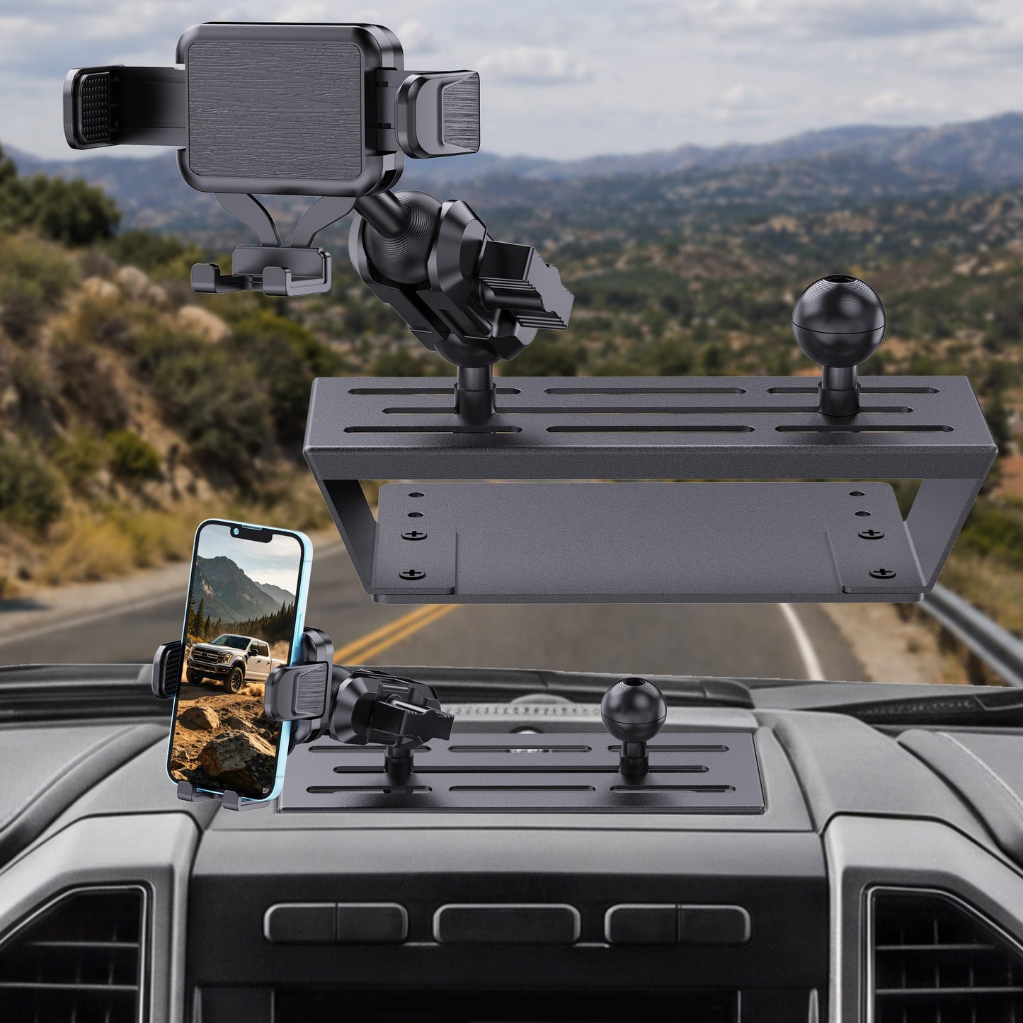 Surfcabin Dash Mount Phone Holder Compatible with 2015-2020 F150 2017-2022 F250 F350 Metal Cellphone Mounting Bracket Stand for Most CellPhones