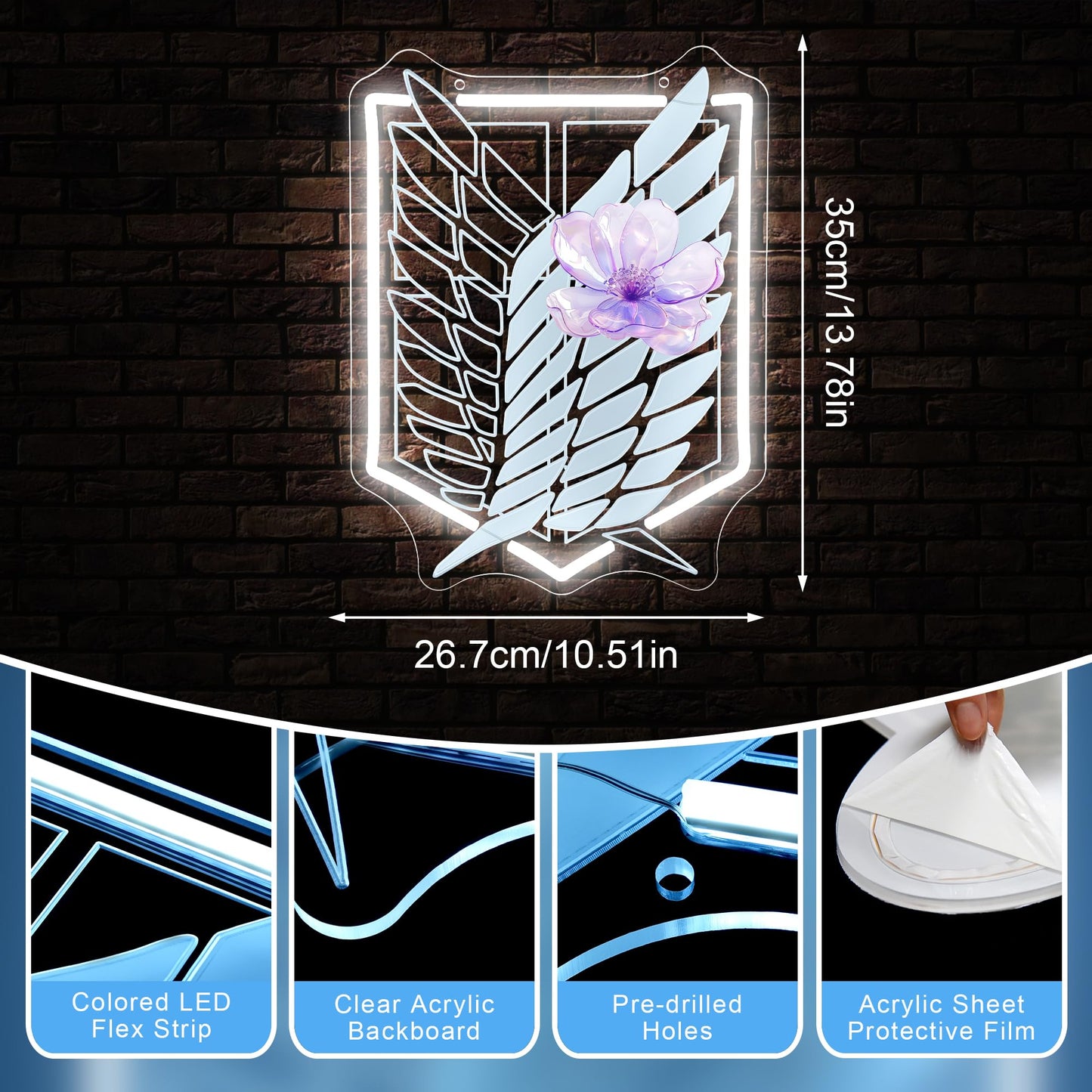 Anime Neon Sign for Wall Art Decor - Wings and Freedom Acrylic USB Powered LED Wall Light, White Glow with Dimmer, for Bedroom Game Room Party Decor