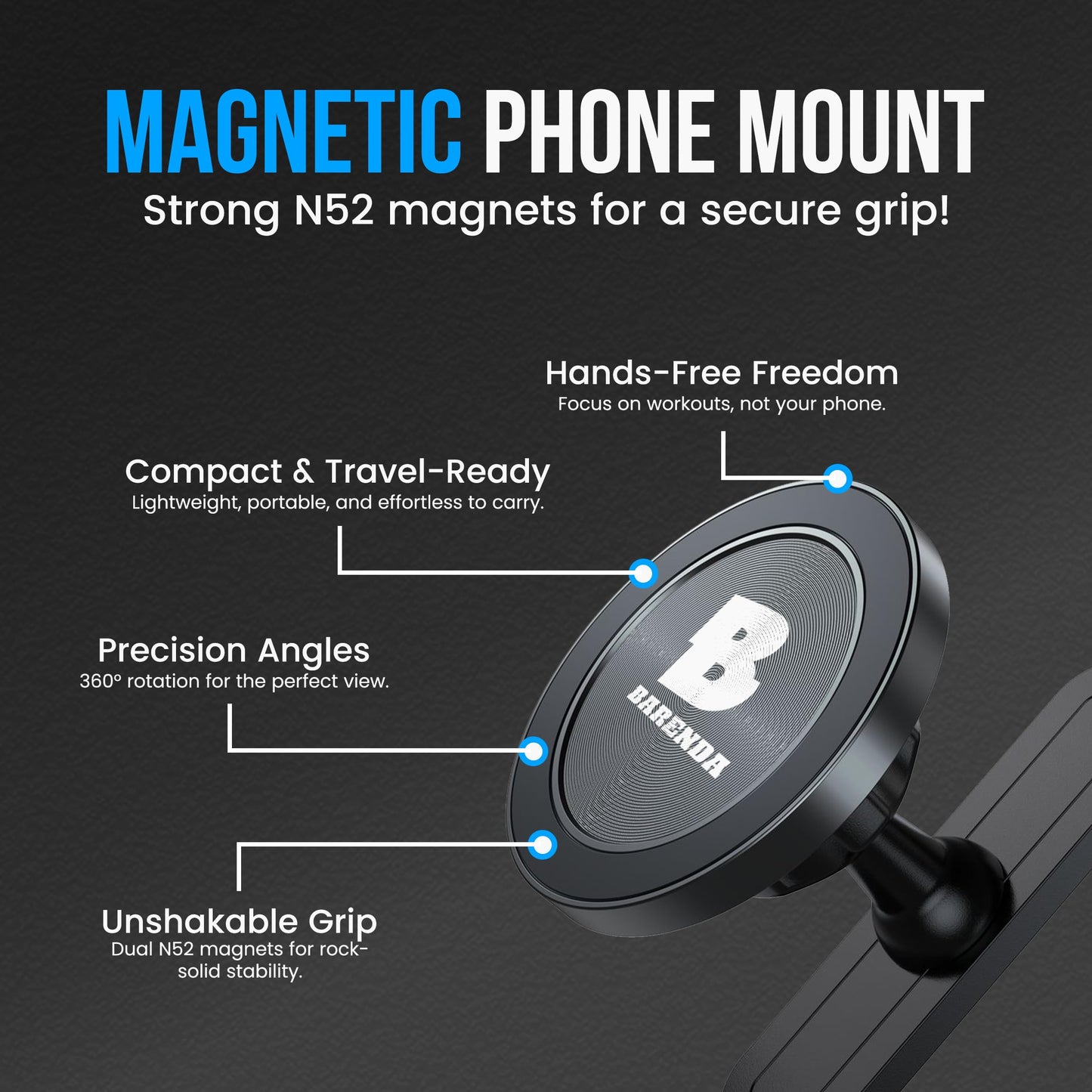BARENDA Magnetic Phone Holder for Gym with Dual-Sided N52 Super Magnets, Strong Magnetic Phone Mount for All Phones, Attaches to Metal Surfaces