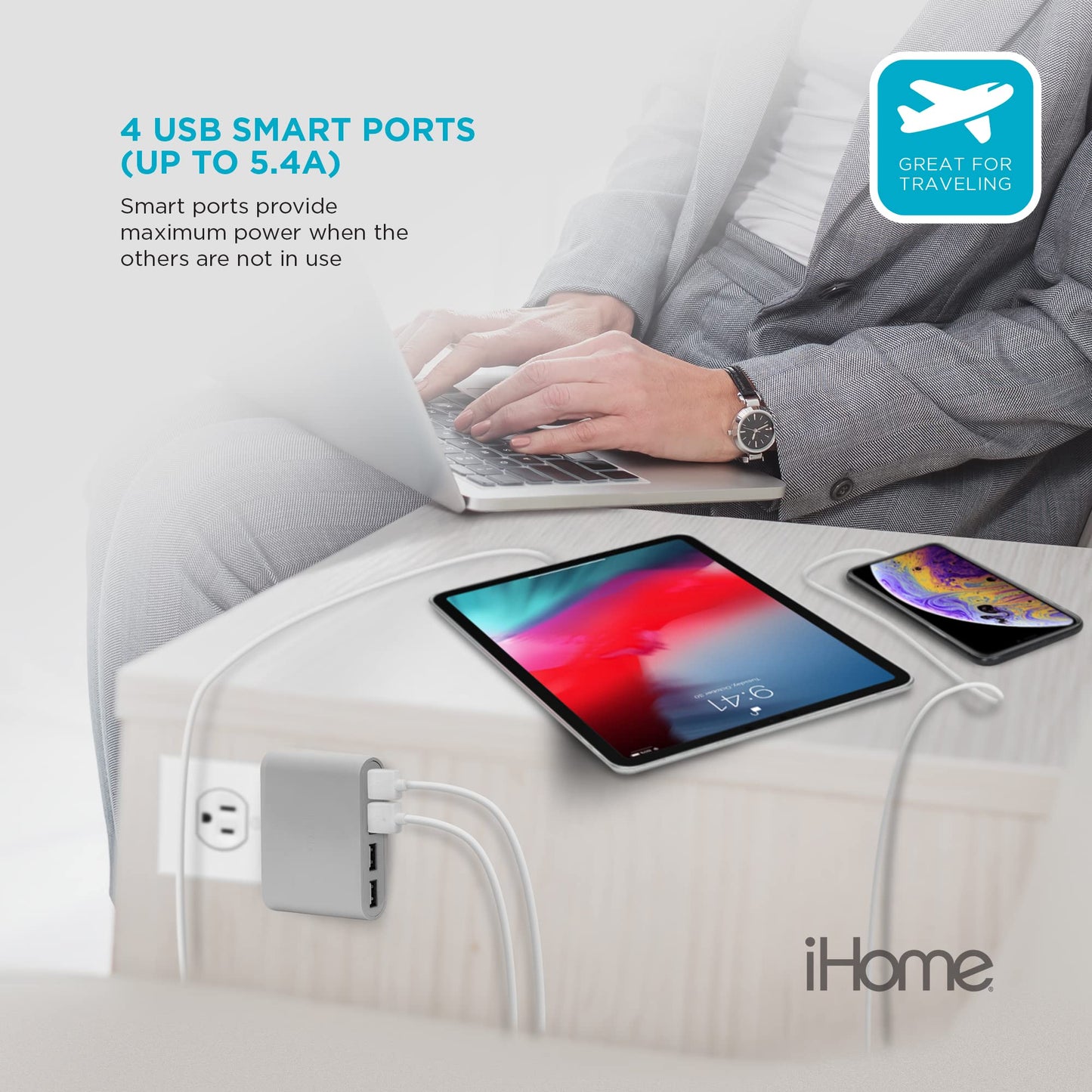 iHome Power Strip Surge Protector & Slim USB Wall Charger Bundle: Detachable 4 Port AC Pro USB Charger & 6 ft Extension Cord Multi Plug Outlet