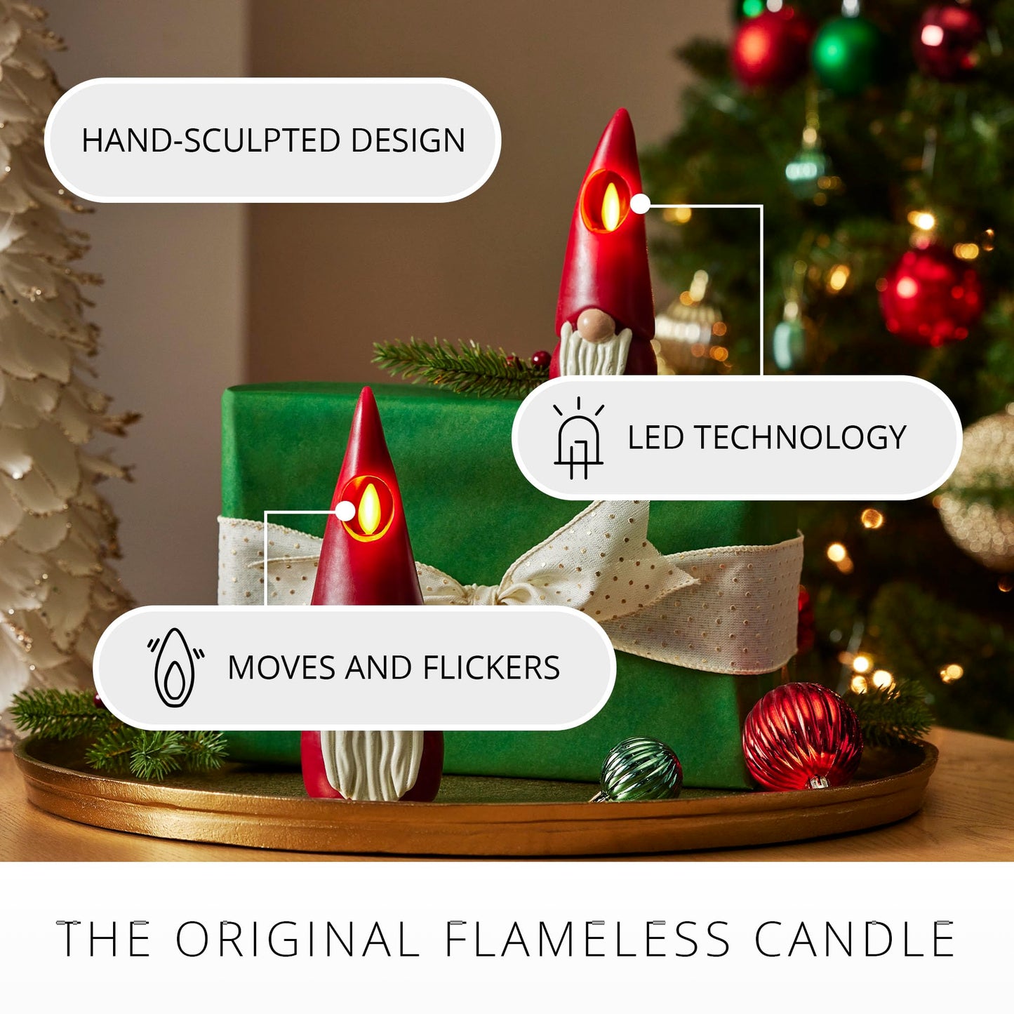 Luminara Gnome Figural Flameless LED Candle - Green 2.2" x 6" - Battery Operated Christmas Winter Decoration Real Wax Unscented Home Decor Indoor