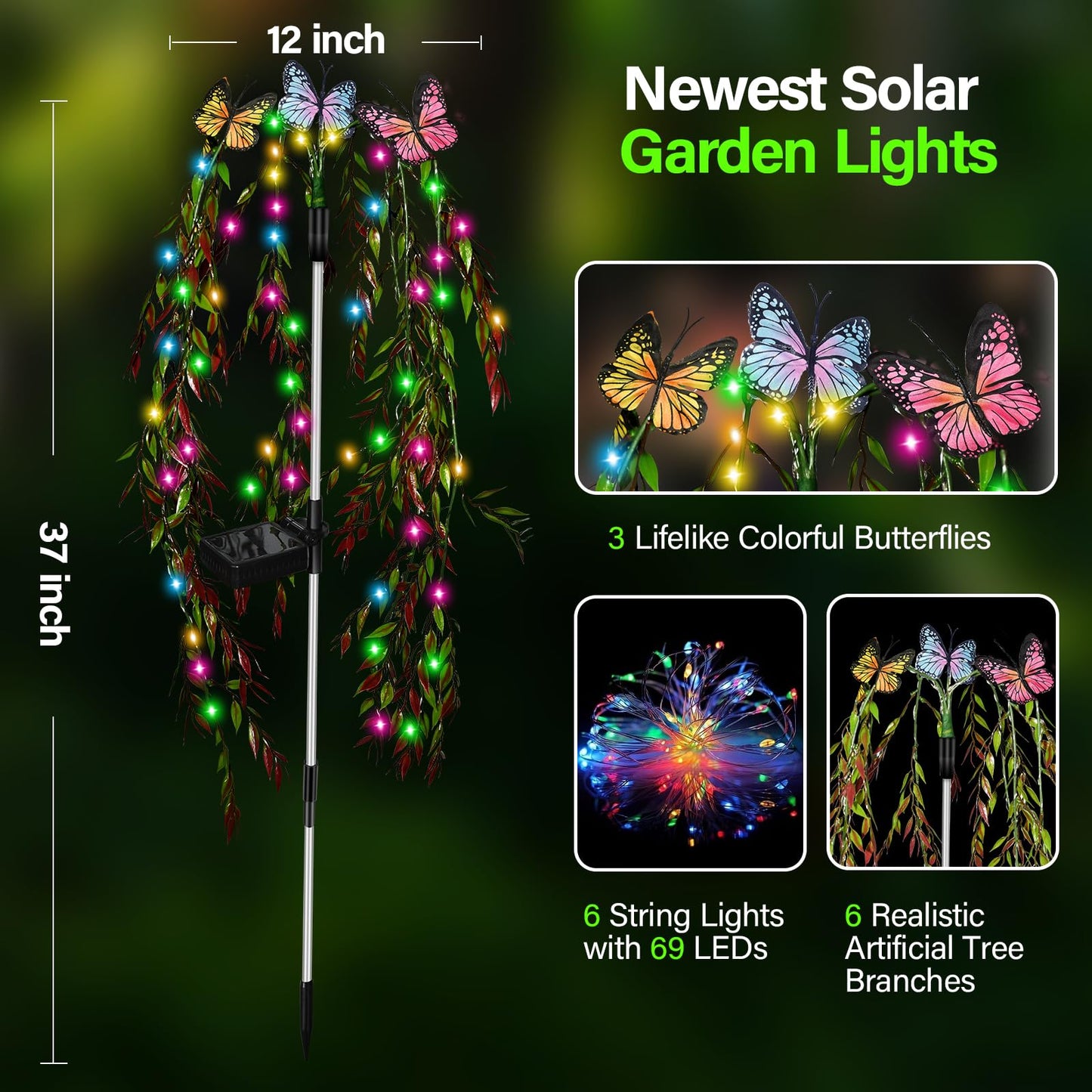 Solar Garden Lights Outdoor Decorative Waterproof, 69LED Swaying Tree Solar Lights for Outside, Butterfly Flower Lights Solar Power Yard Decor