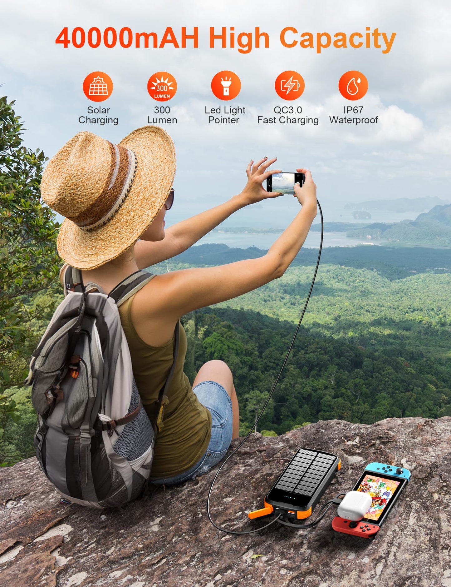 MINRISE Solar Power Bank 40000mAh, Portable Charger PD 20W Fast Charging Solar Charger Power Bank Built in 4 Cables and USB-C in/Output, Camping