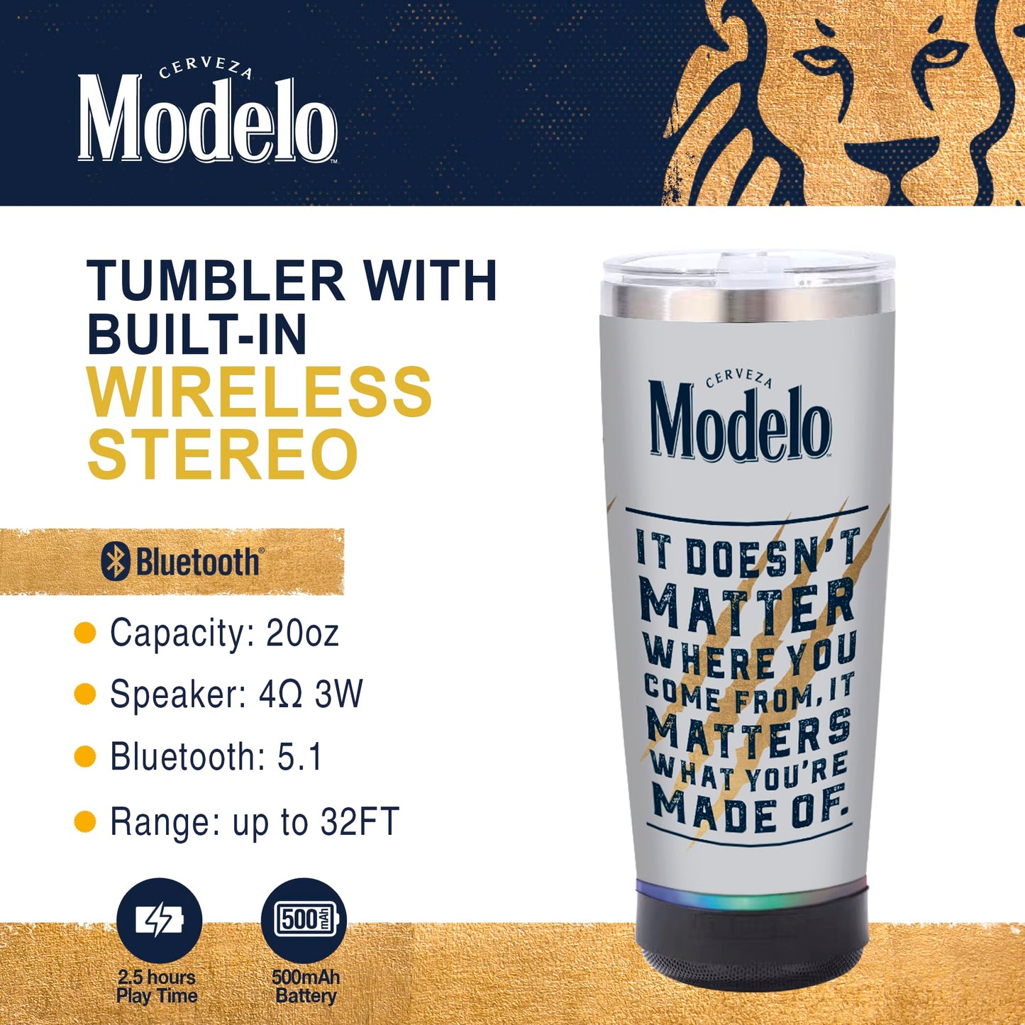 CJ TECH Modelo Tumbler with Bluetooth Speaker - Stainless Steel Insulated 20oz Tumbler Speaker with 3W Output, 500mAh Battery, 2.5-Hour Play Time,