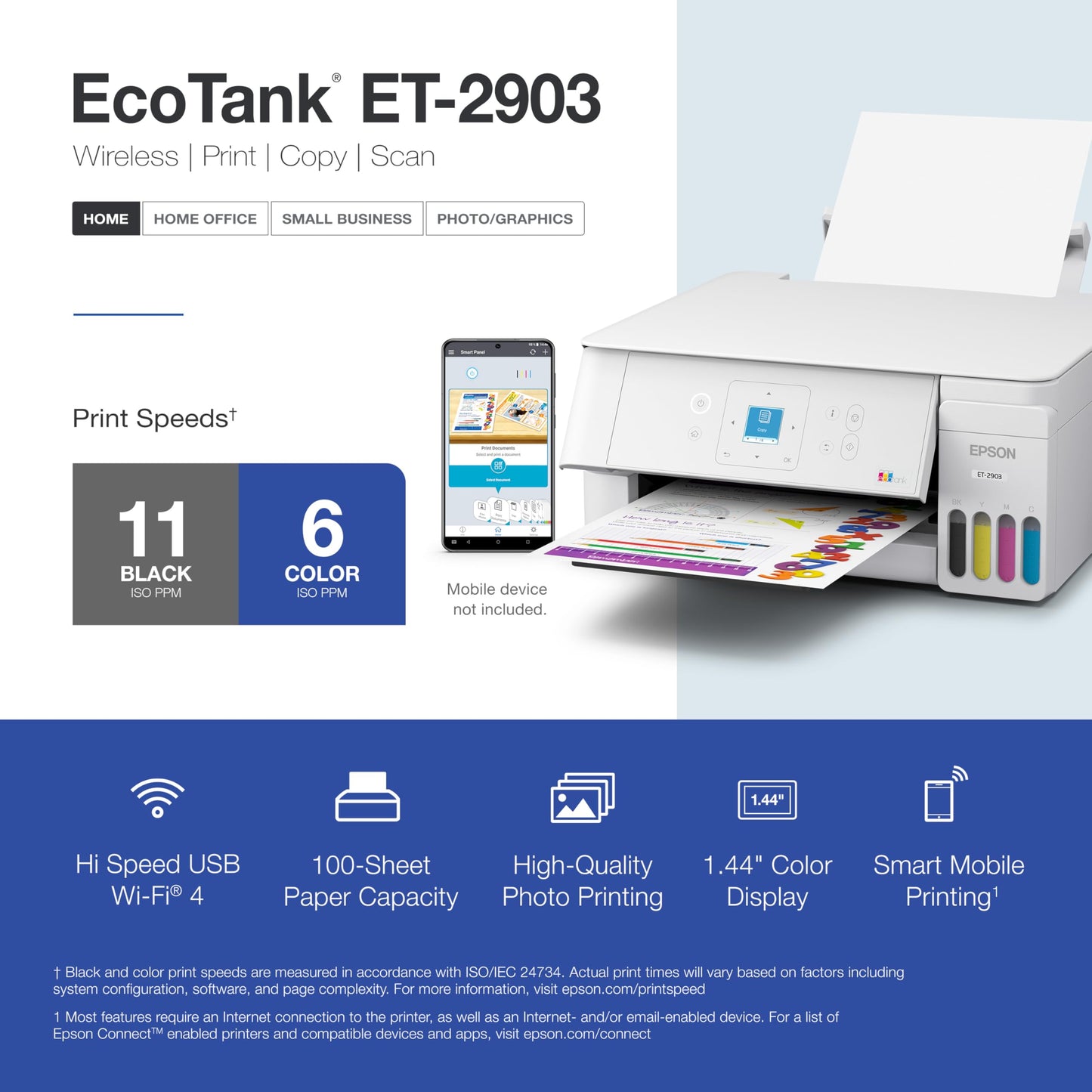 Epson EcoTank ET-2903 Wireless All-in-One Color Supertank Printer with up to 3 Years of Ink, Refillable Tanks, Perfect for Home, 11 PPM, 1.44" Color
