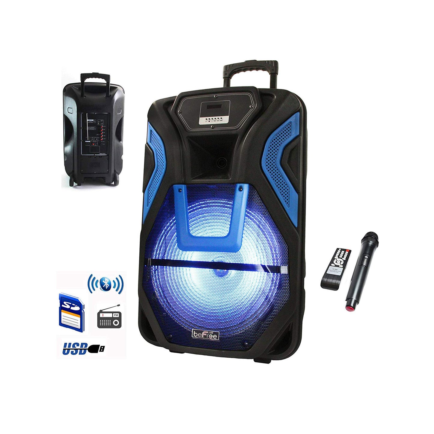 beFree Sound 15 Inch Rechargeable Bluetooth Portable Party PA Speaker System with SD/FM/USB Inputs, Black