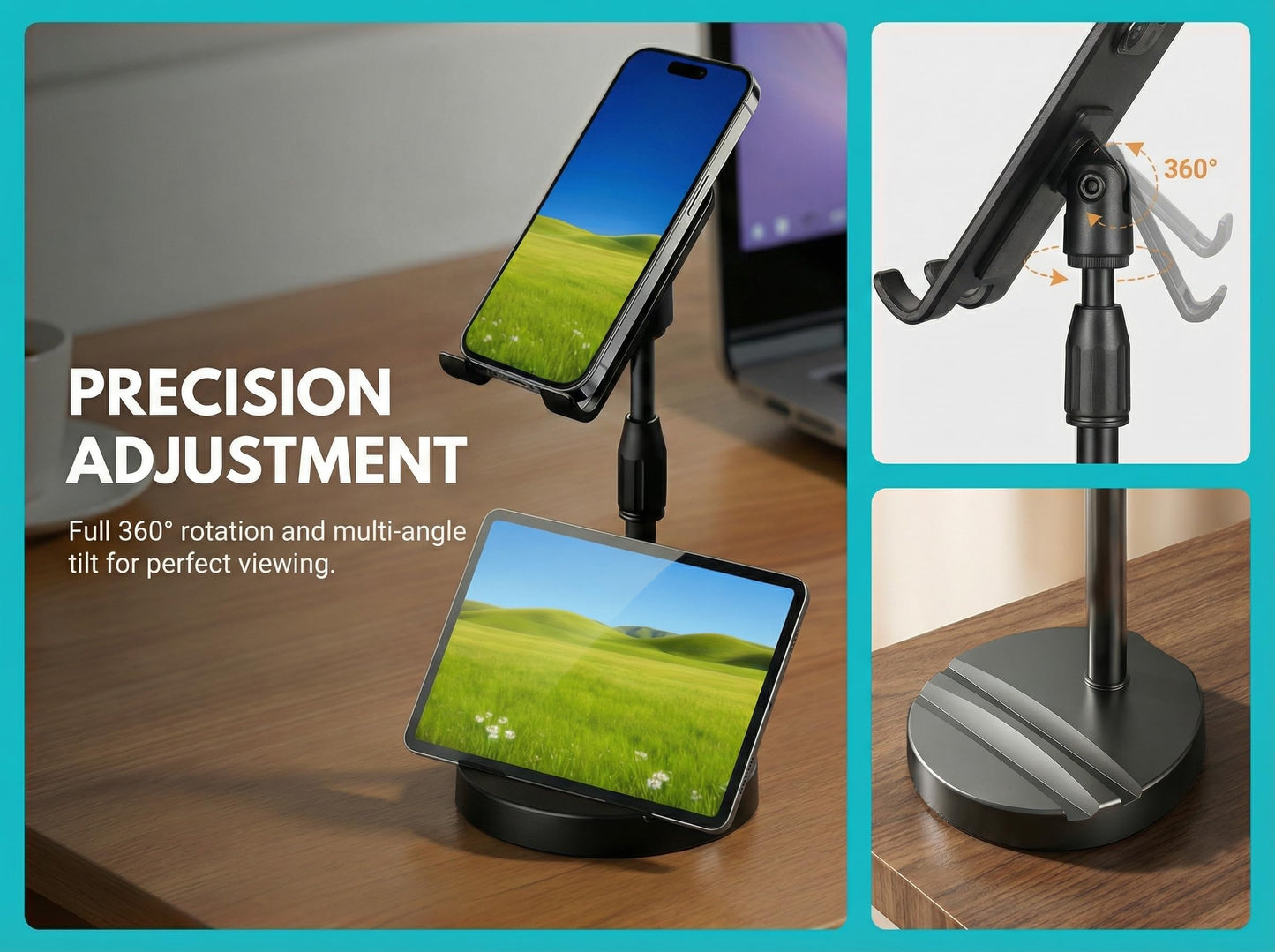 ZYEUNAGNB Adjustable Height Phone and Tablet Stand, Dual Device Holder with 360° Rotation, Sturdy Non-Sturdy Non-Slip Base with Card Slot