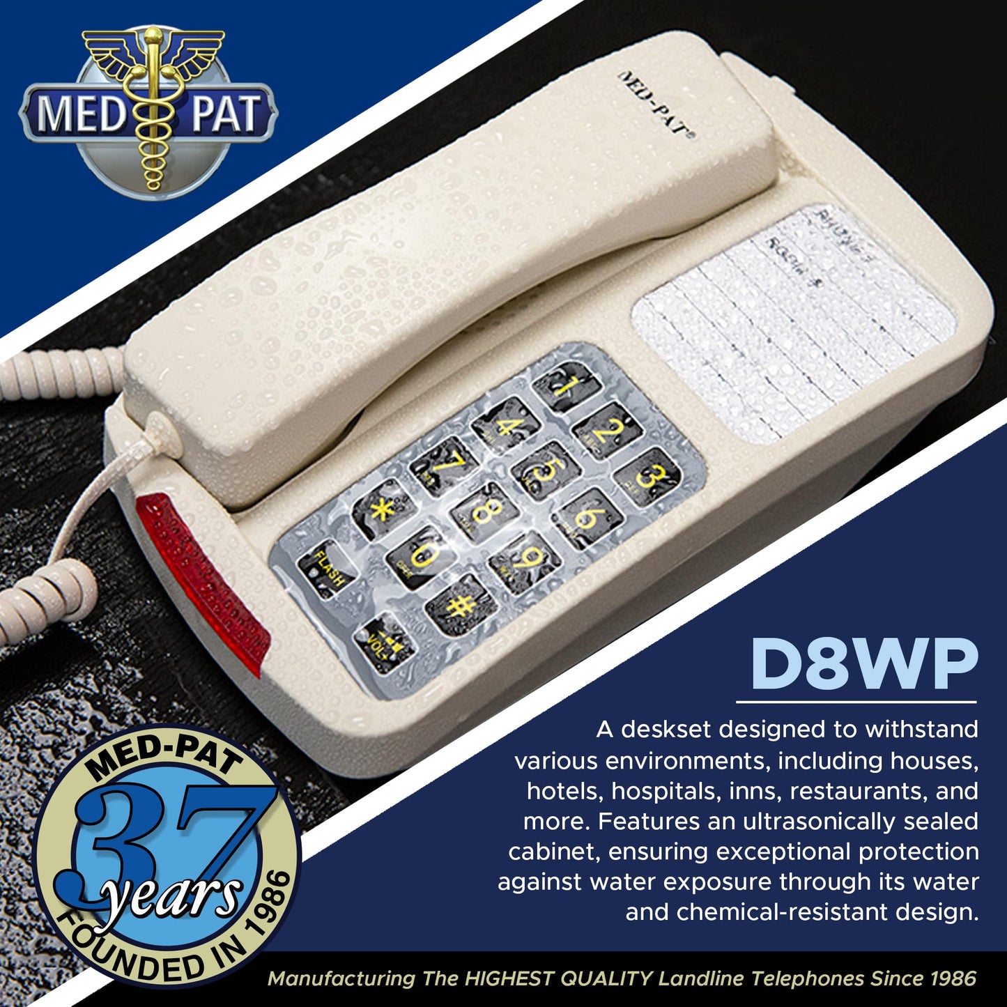 Med-Pat D8WP Waterproof Desk Set Telephone w/Ring/in-Use Light Indicator - Office and Home Phone with Large Buttons, Full Volume Control, Corded