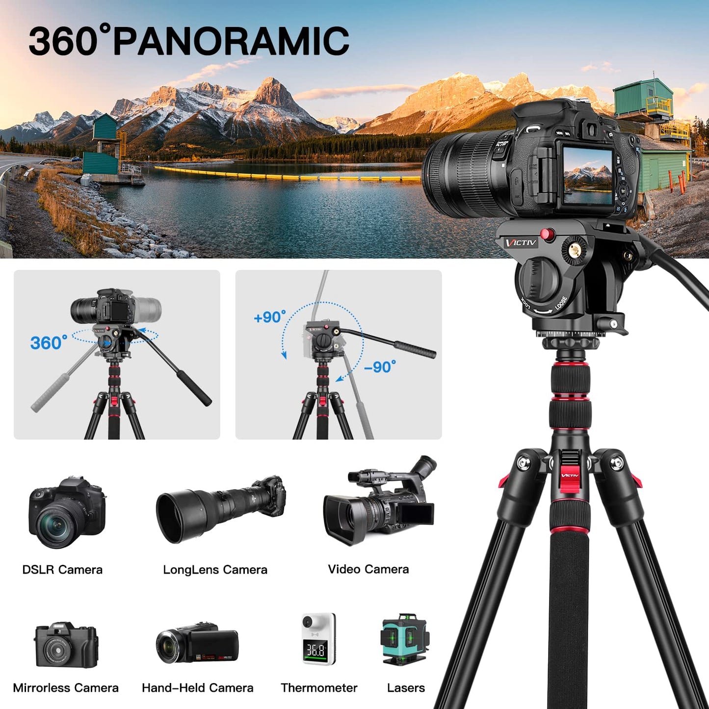 Victiv Camera Tripod, 72" Video Tripod with Fluid Head, Aluminum Heavy Duty Tripod with Carry Bag, Professional Camera Tripods & Monopods, Compatible