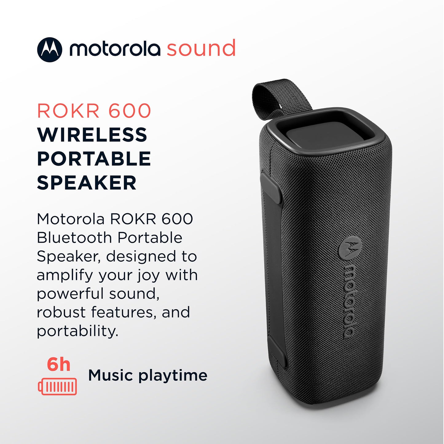Motorola Sound ROKR 600 Portable Bluetooth Speaker, 6-Hour Playtime, IP67 Water Resistant, Speaker for Home/Outdoors, Compatible with iPhone, Black