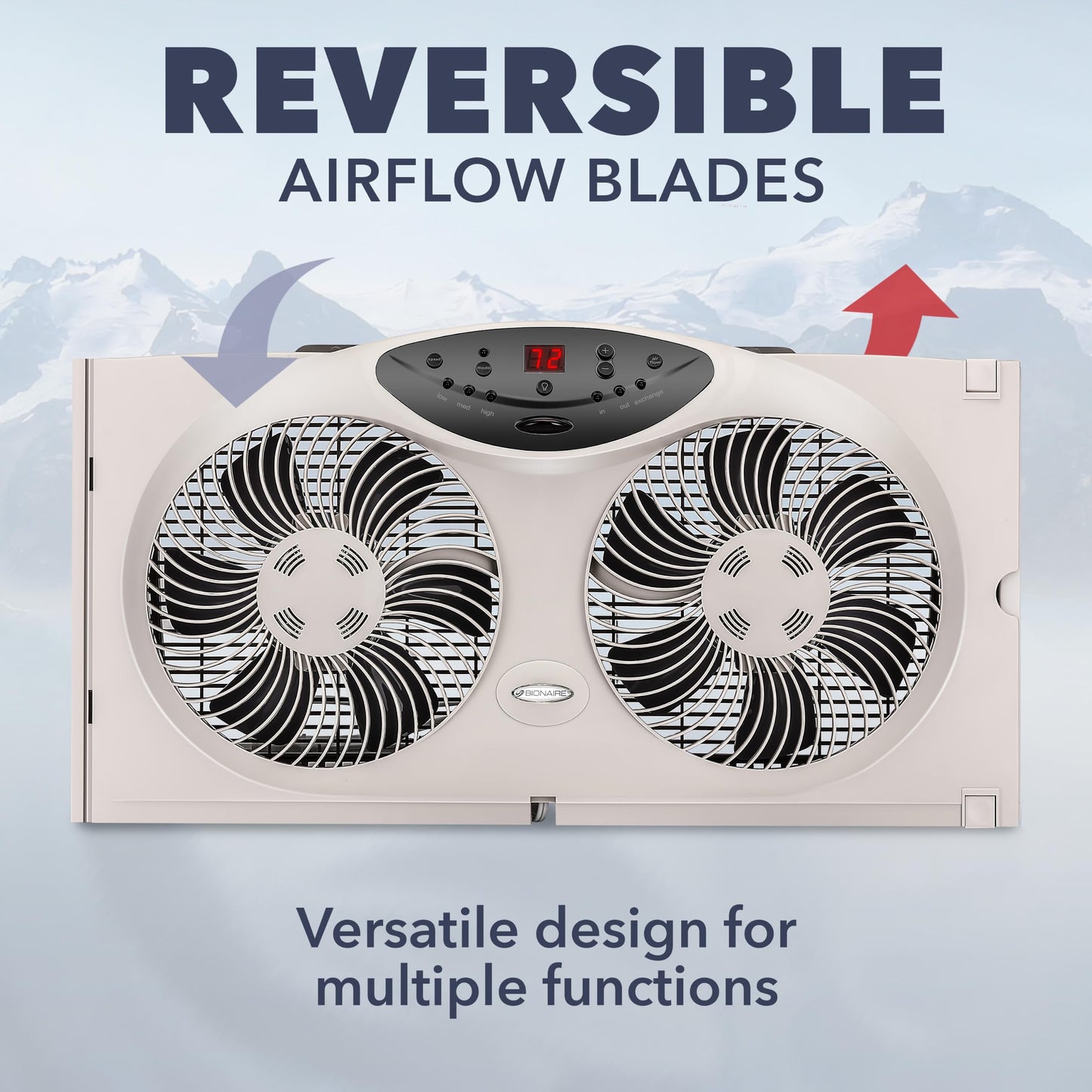 Bionaire Window Fan with Reversible Airflow Blades - 3-Speed Settings, Programmable Thermostat, LED Display, Remote Control, Fits 24-36" Windows, No