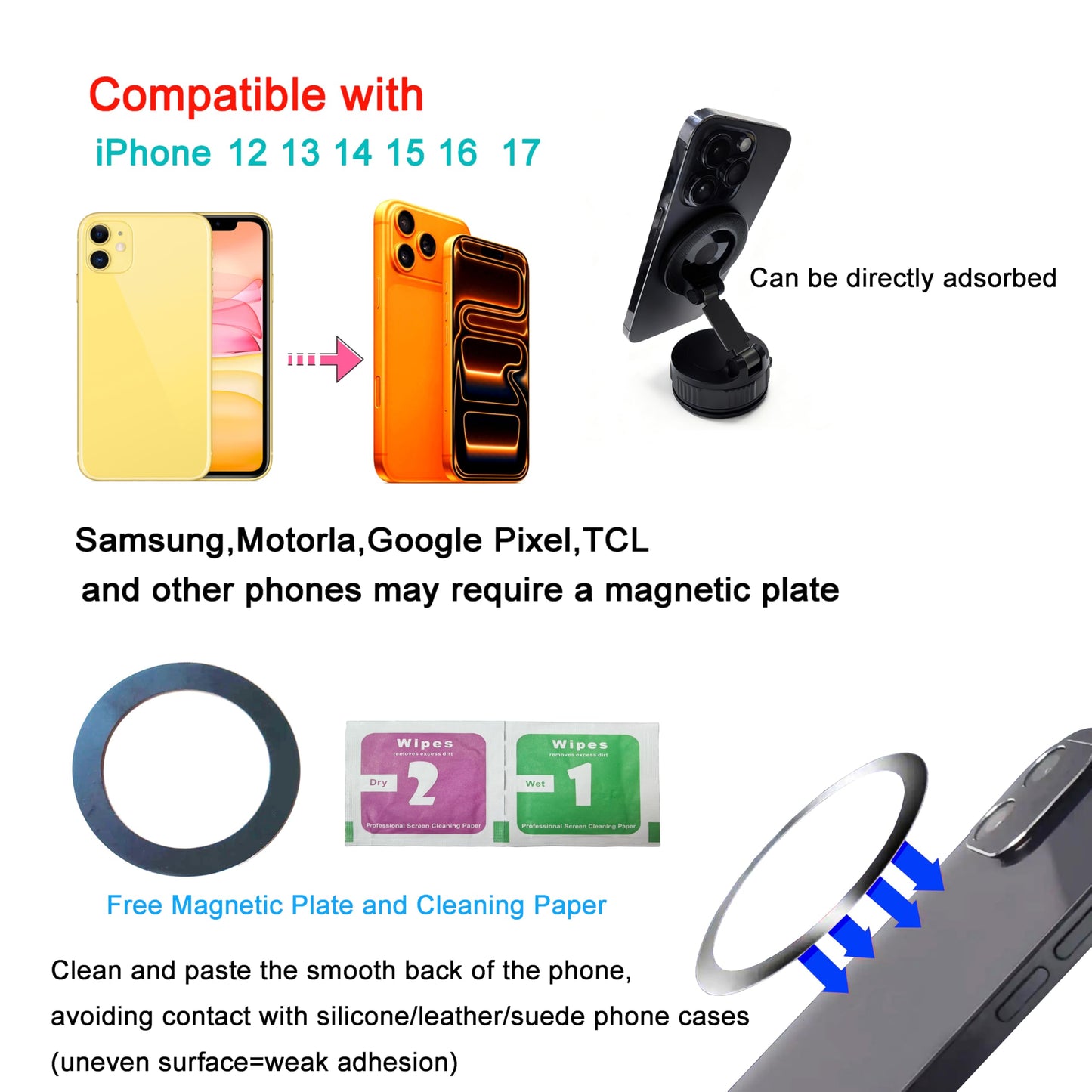 RIAYVIL Car Phone Holder Mount with Nano Gel Vacuum Magnetic Suction,Magsafe Car Holder, Phone Mount for Car/Home/Workplace, Compatible for Phones