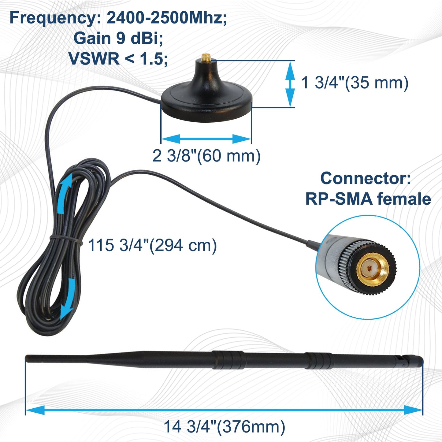 HQRP KIT: WiFi Booster Wireless Antenna Plus RP-SMA Male to Female RG174 Antenna Socket Base Compatible with D-Link Antenna DWL-7100AP / WDA-1320