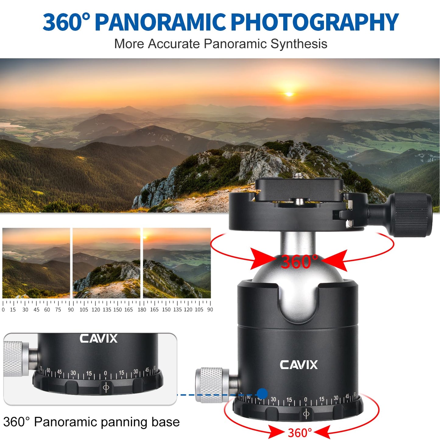 CAVIX 360°Panoramic Ball Head Tripod Head, 18kg(39.7lbs) Load Capacity, 44mm Metal Ball Head with 1/4" Arca-Swiss Quick Release Plate for Tripod