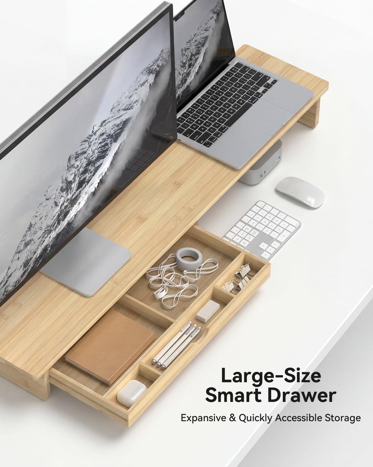 WELL WENG Bamboo Monitor Stand with Large Storage Drawer, 42 Inch Ergonomic Computer Riser for Desk, Screen Shelf with 5 Compartments for Keyboard