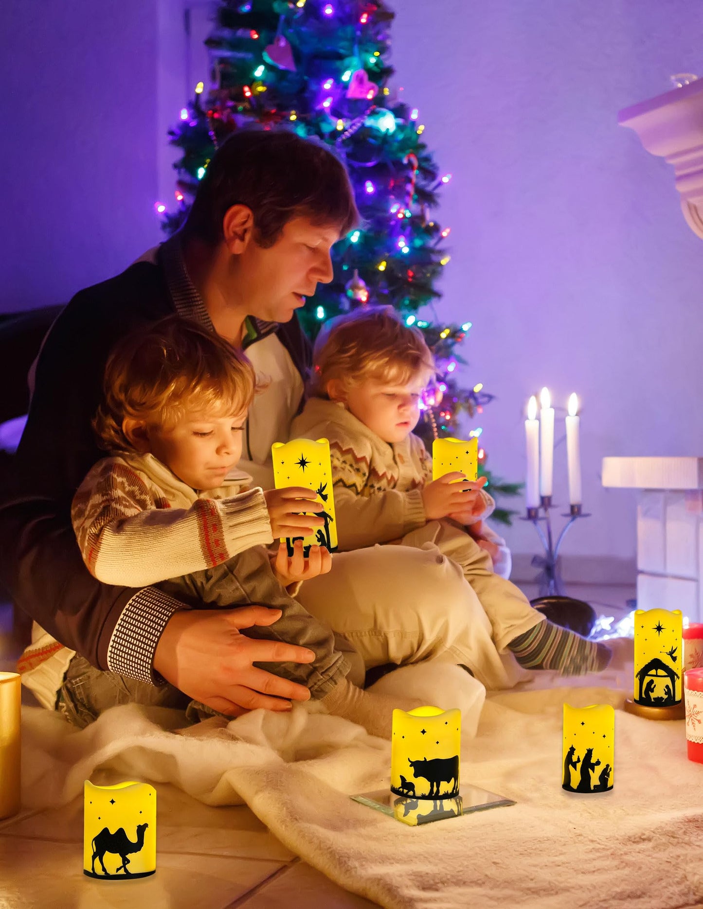 QVAIVE Flameless Christmas Nativity Scene Candles, Pillar Flickering Religion Candle with Timer Remote,Battery Operated LED Fake Candle for Xmas Home