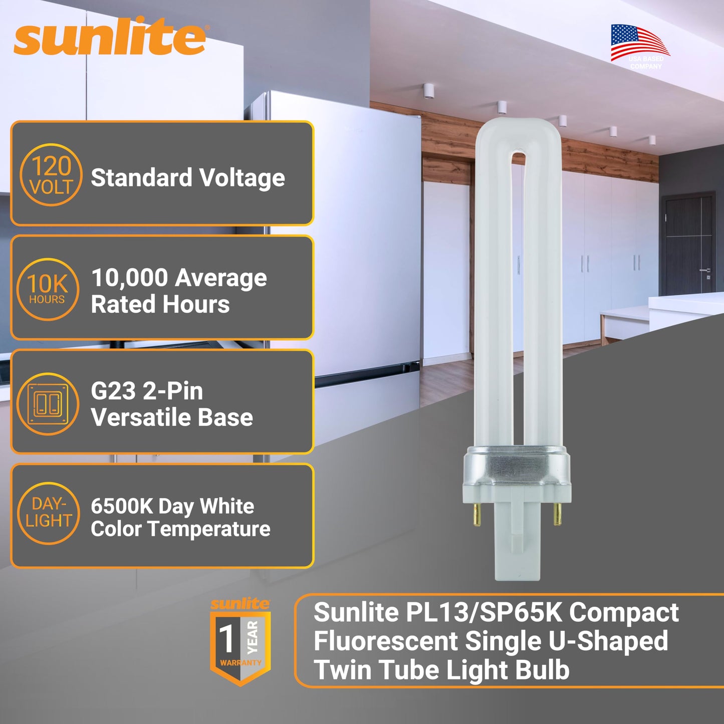 Sunlite PL13/SP65K Compact Fluorescent Single U-Shaped Twin Tube Light Bulb, 13 Watts, 120 Volts, 720 Lumens, 2-Pin GX23 Base, 6500K Daylight, 10 Pack