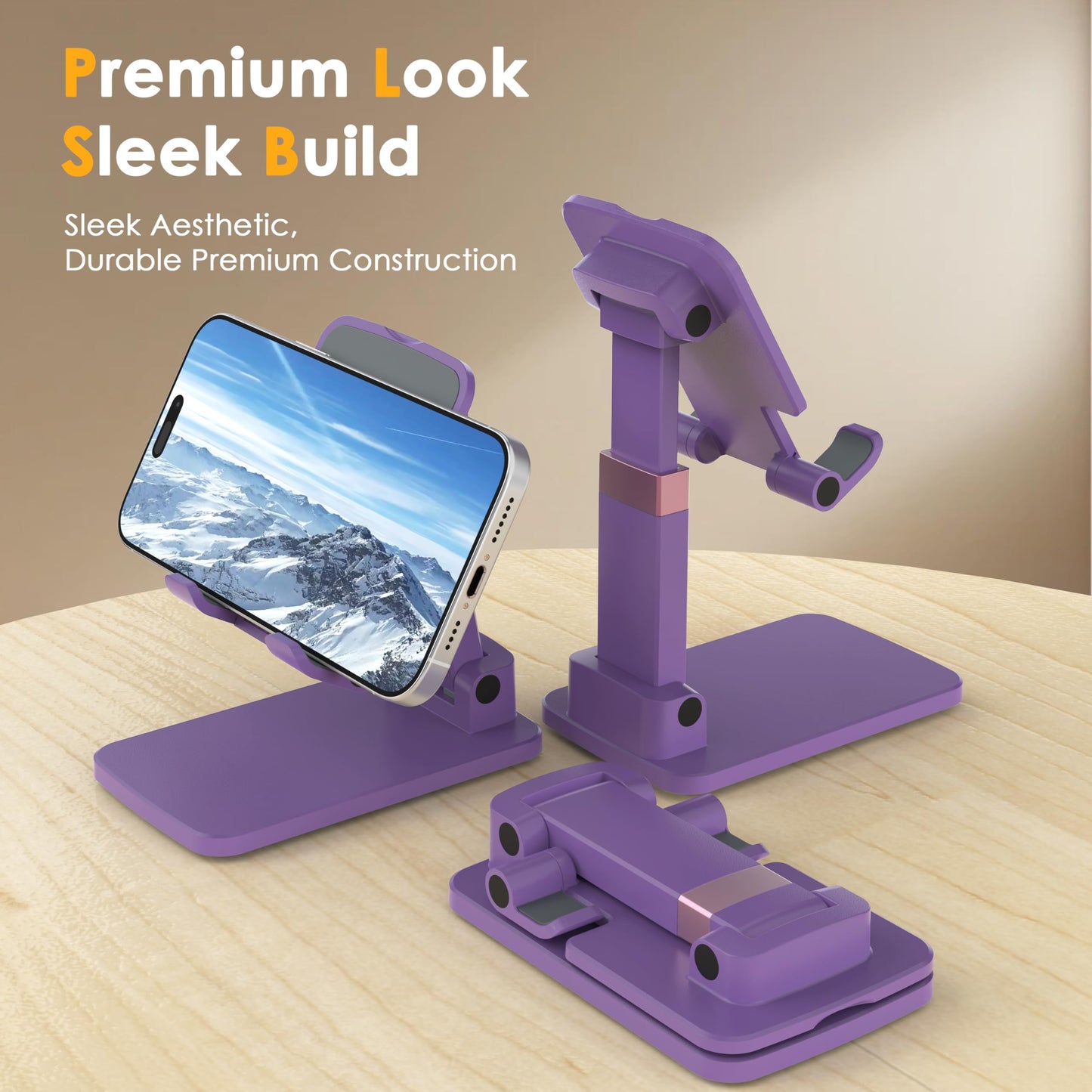 HZZADZXW Cell Phone Stand for Desk, Adjustable Height & Angle Phone Holder, Foldable Portable Stand with Anti-Slip Silicone Pad, Compatible