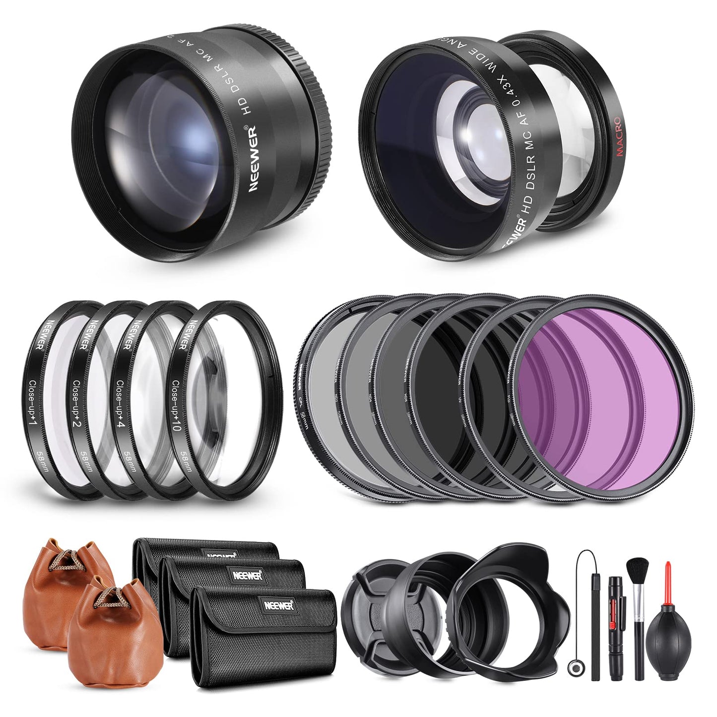 Neewer 58mm Lens and Filter Set: Wide Angle/2.2X Telephoto Additional Lens for 18mm-85mm APS-C Lens, (+1+2+4+10) Close Up Macro/ND/UV/CPL/FLD Filters