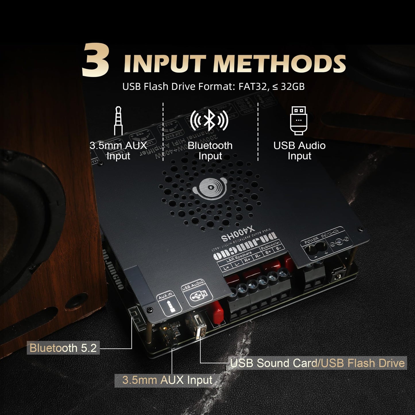 X400HS 2.1 Channel Bluetooth 5.0 Amplifier Board, TPA3223 Chip 200W+200W+400W Output, 12-42V DC with 6 Knob Controls, for DIY Subwoofer/Speaker/Home