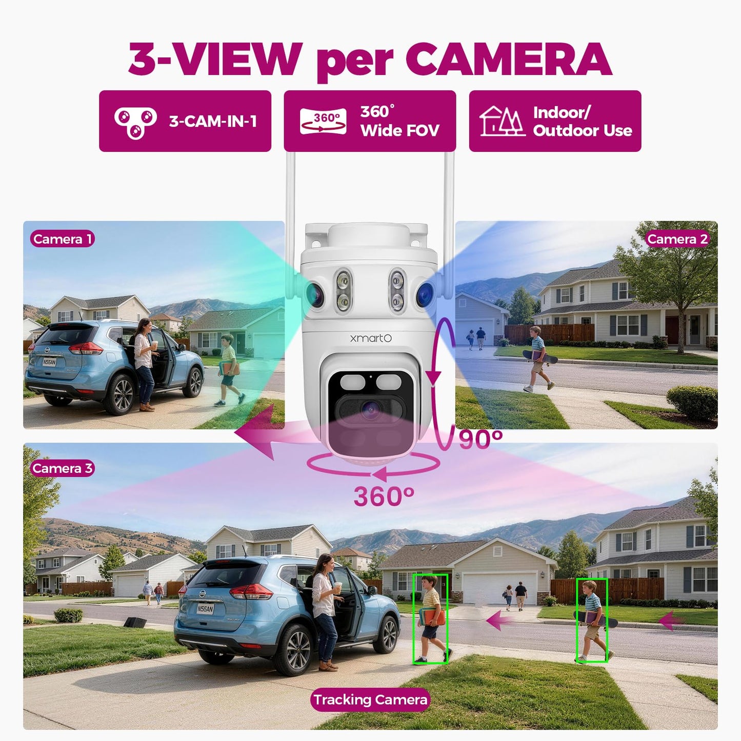 XMARTO 6MP Tri-Lens 4-Cam 500GB WiFi Mesh Security Camera System,16CH 4K H.265 WiFi-Inside NVR,360°PTZ AI Tracking,3-View/Cam,Long Range