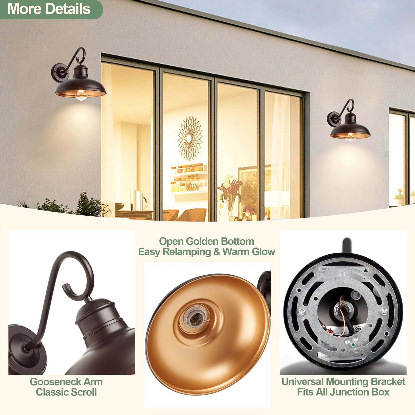 GOLDHILL 10 Inch Farmhouse Gooseneck Barn Light with Gold Interior 1 Pack, Oil Rubbed Bronze Rustic Outdoor Wall Sconce for Garage Porch Bathroom