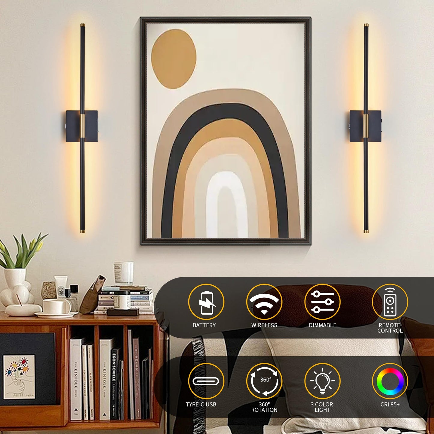 15800 mAh Battery Operated Wall Sconces with Remote Control Dimmable Wall Sconces Set of Two 3000K LED Black and Brass Wireless Wall Light Battery